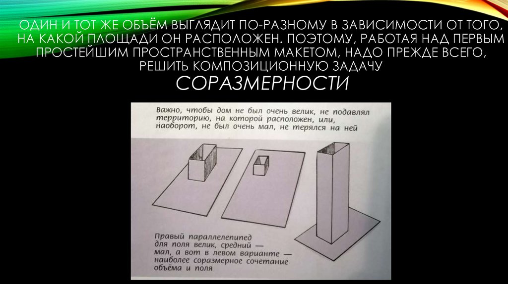 Один и тот же объём выглядит по-разному в зависимости от того, на какой площади он расположен. Поэтому, работая над первым