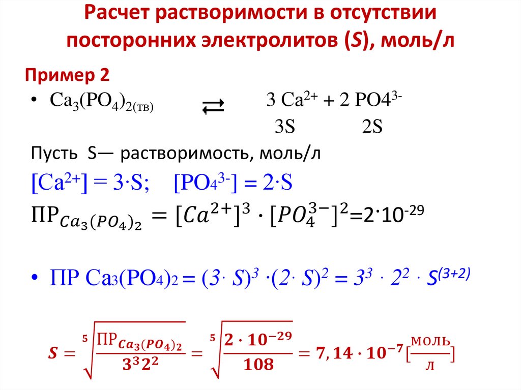 Расчет растворимости в отсутствии посторонних электролитов (S), моль/л