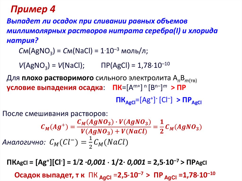 Выпадет ли осадок при сливании равных объемов миллимолярных растворов нитрата серебра(I) и хлорида натрия?
