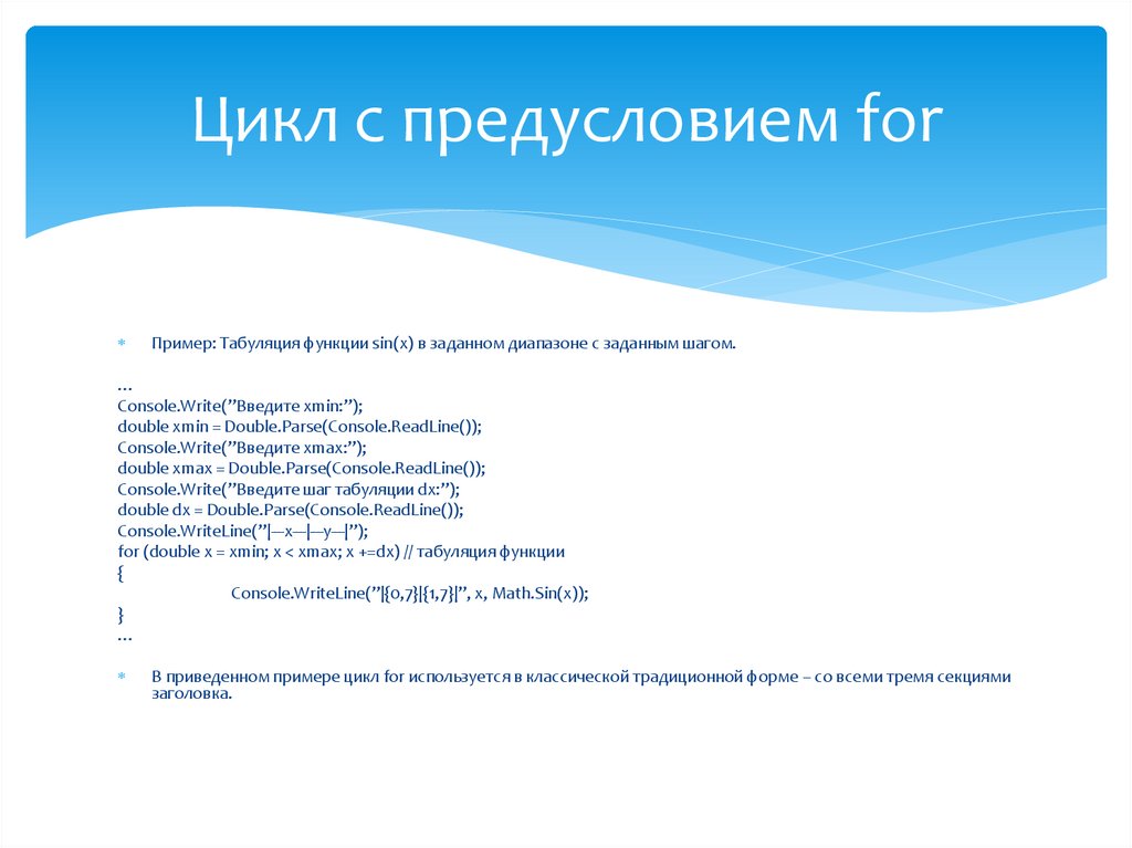 Цикл с предусловием for