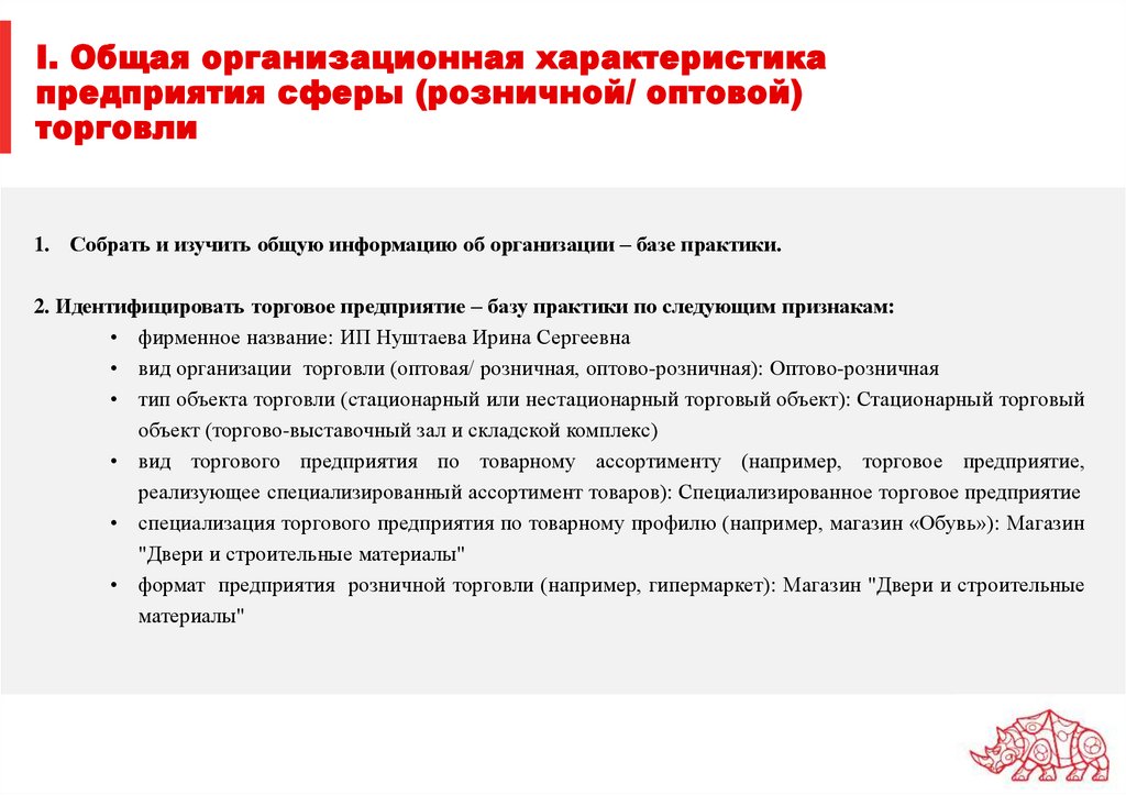 I. Общая организационная характеристика предприятия сферы (розничной/ оптовой) торговли