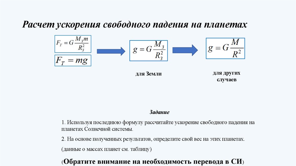 Расчет ускорения свободного падения на планетах