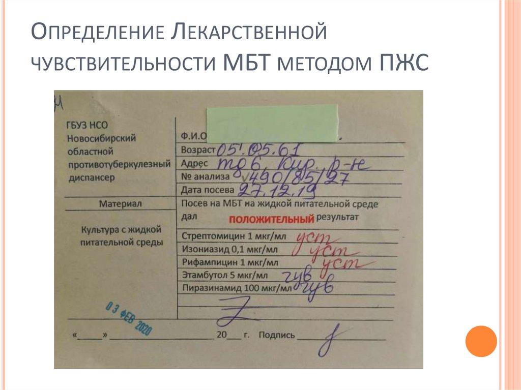 Определение Лекарственной чувствительности МБТ методом ПЖС
