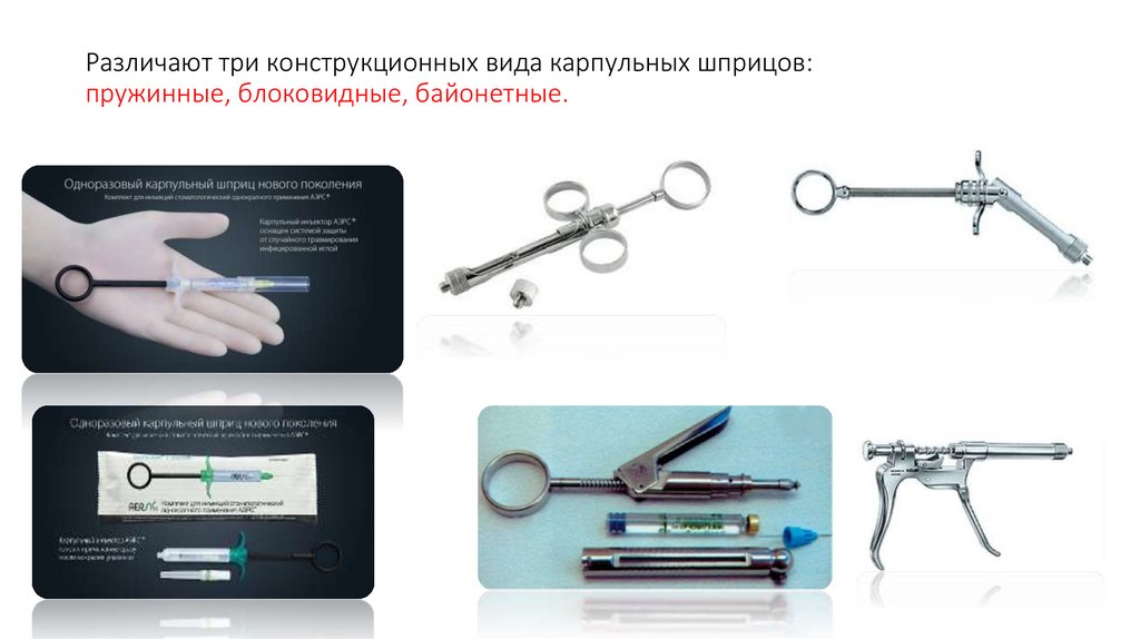 Различают три конструкционных вида карпульных шприцов: пружинные, блоковидные, байонетные.