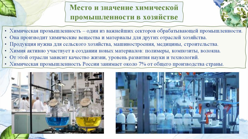 Место и значение химической промышленности в хозяйстве