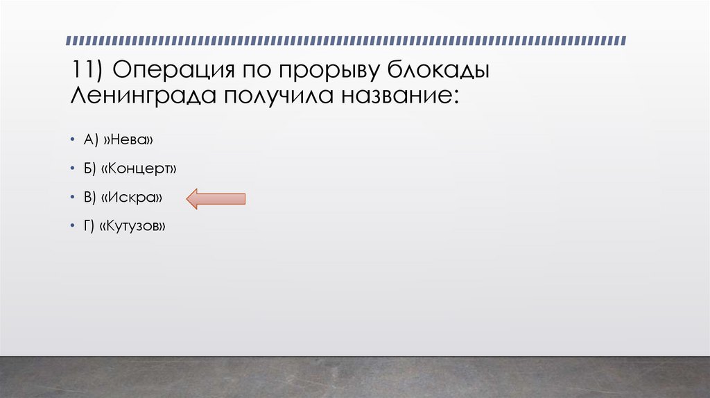 11) Операция по прорыву блокады Ленинграда получила название: