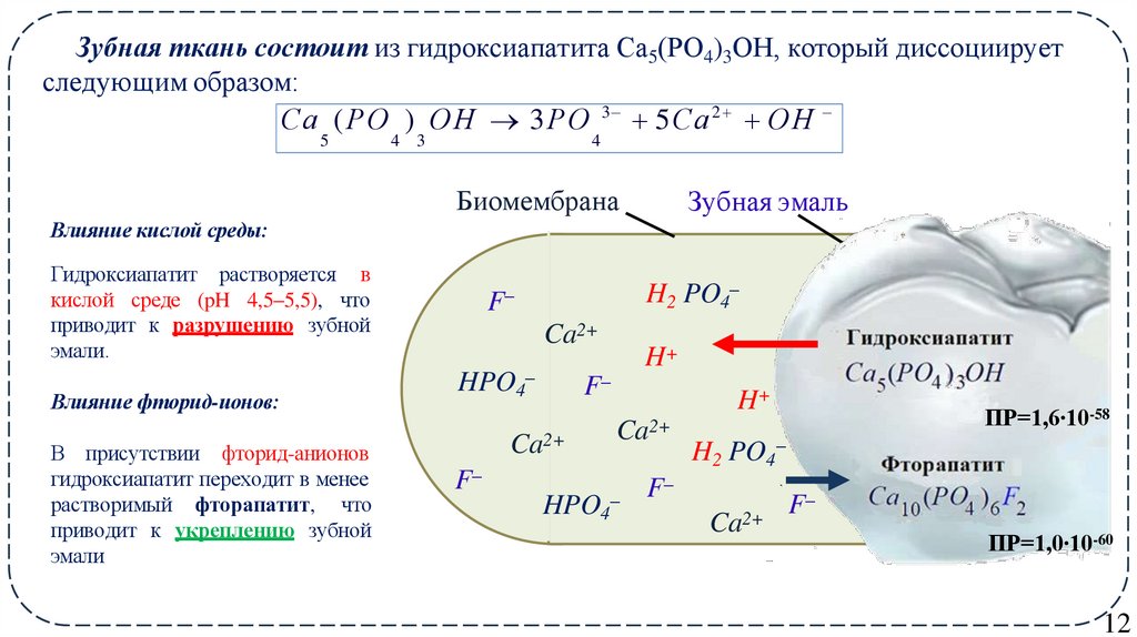 Зубная ткань состоит из гидроксиапатита Са5(РО4)3ОН, который диссоциирует следующим образом:
