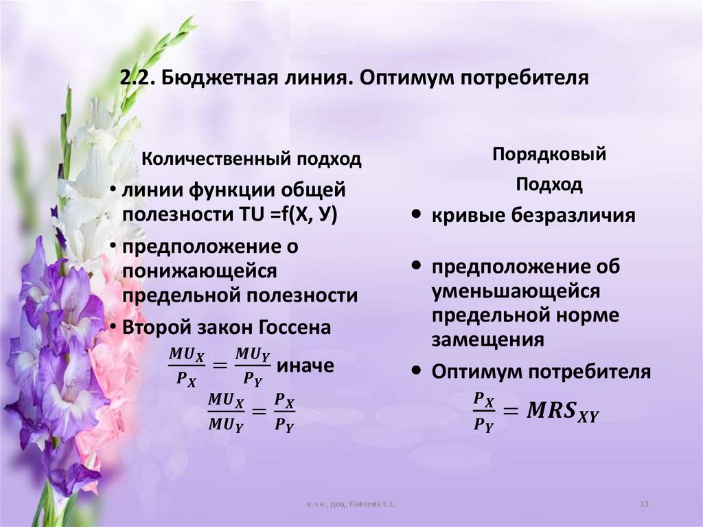 2.2. Бюджетная линия. Оптимум потребителя