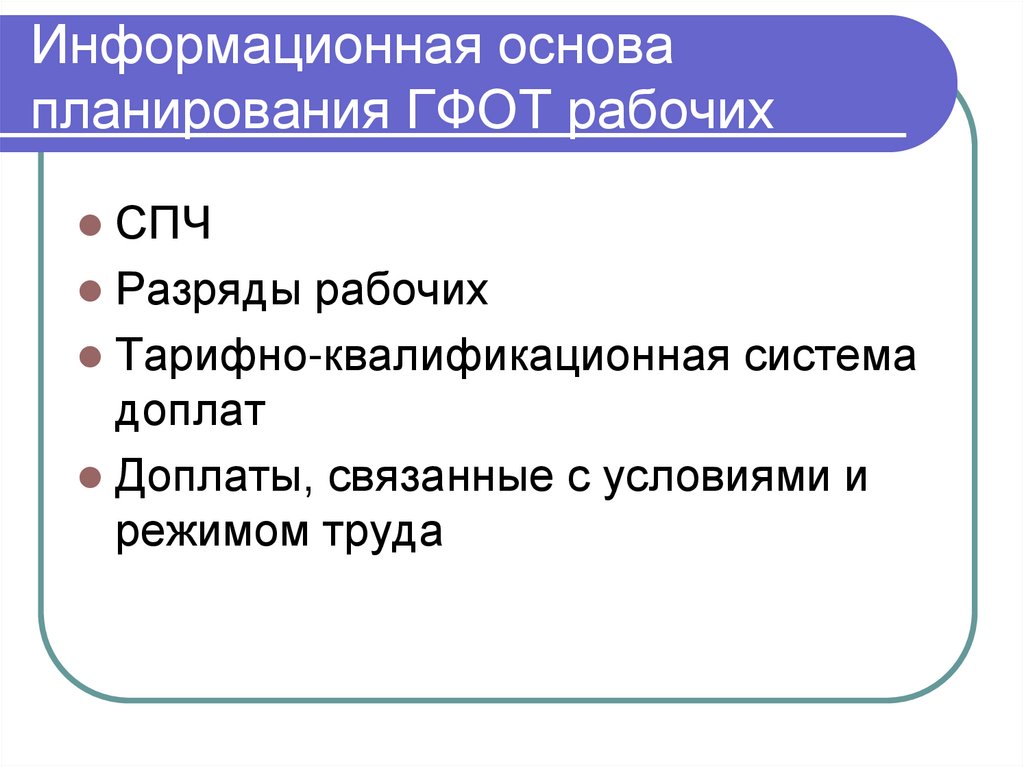 Информационная основа планирования ГФОТ рабочих