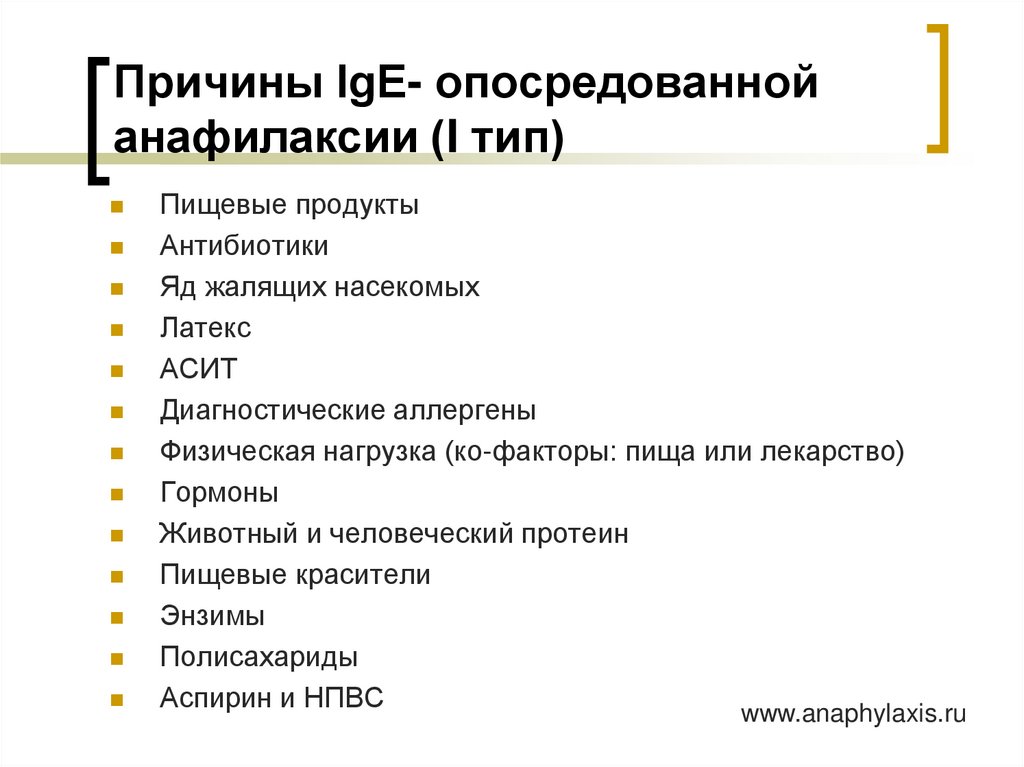 Причины IgE- опосредованной анафилаксии (I тип)