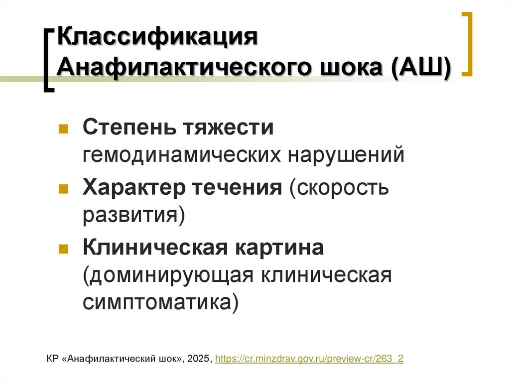 Классификация Анафилактического шока (АШ)