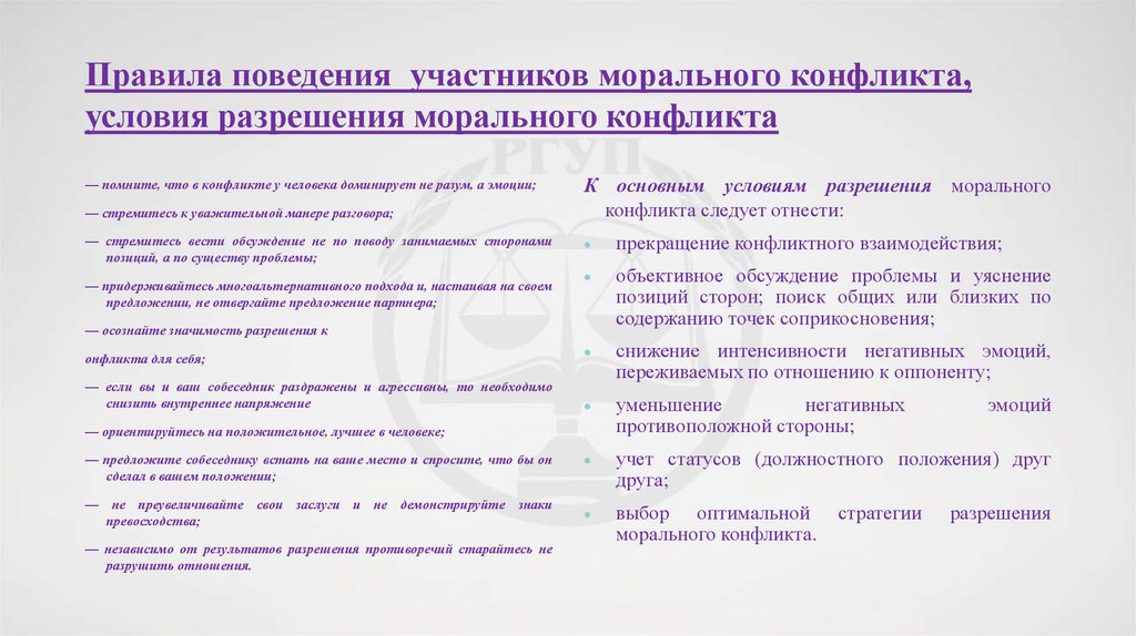 Правила поведения участников морального конфликта, условия разрешения морального конфликта