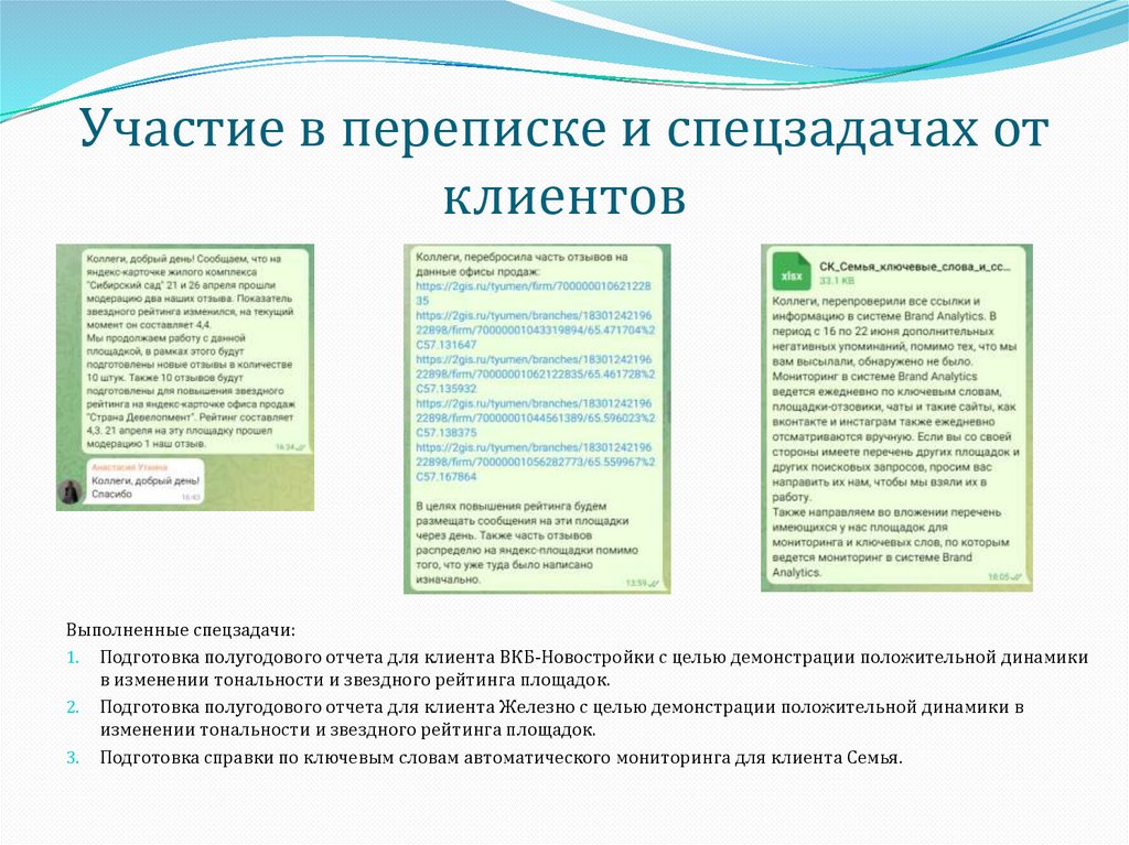 Участие в переписке и спецзадачах от клиентов