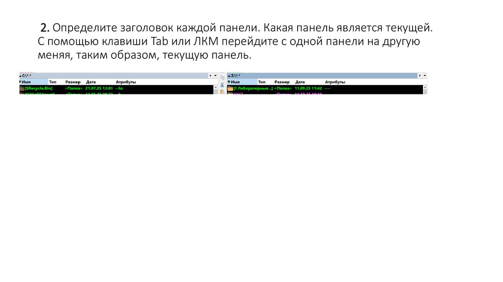 2. Определите заголовок каждой панели. Какая панель является текущей. С помощью клавиши Tab или ЛКМ перейдите с одной панели на