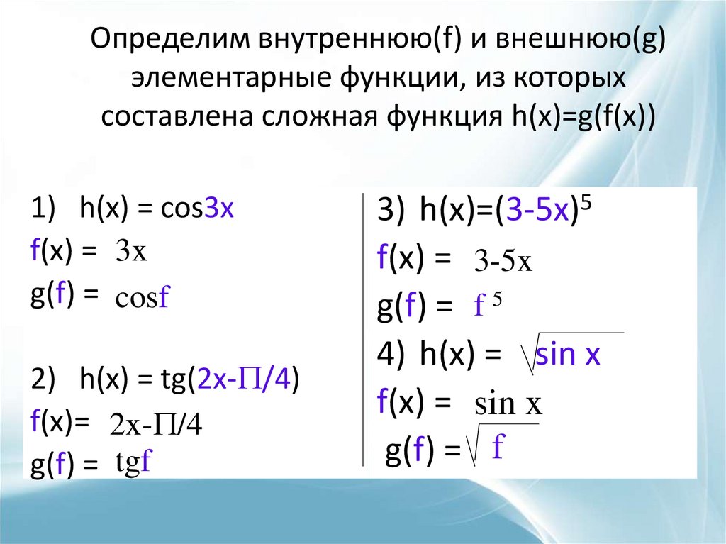 Определим внутреннюю(f) и внешнюю(g) элементарные функции, из которых составлена сложная функция h(x)=g(f(x))