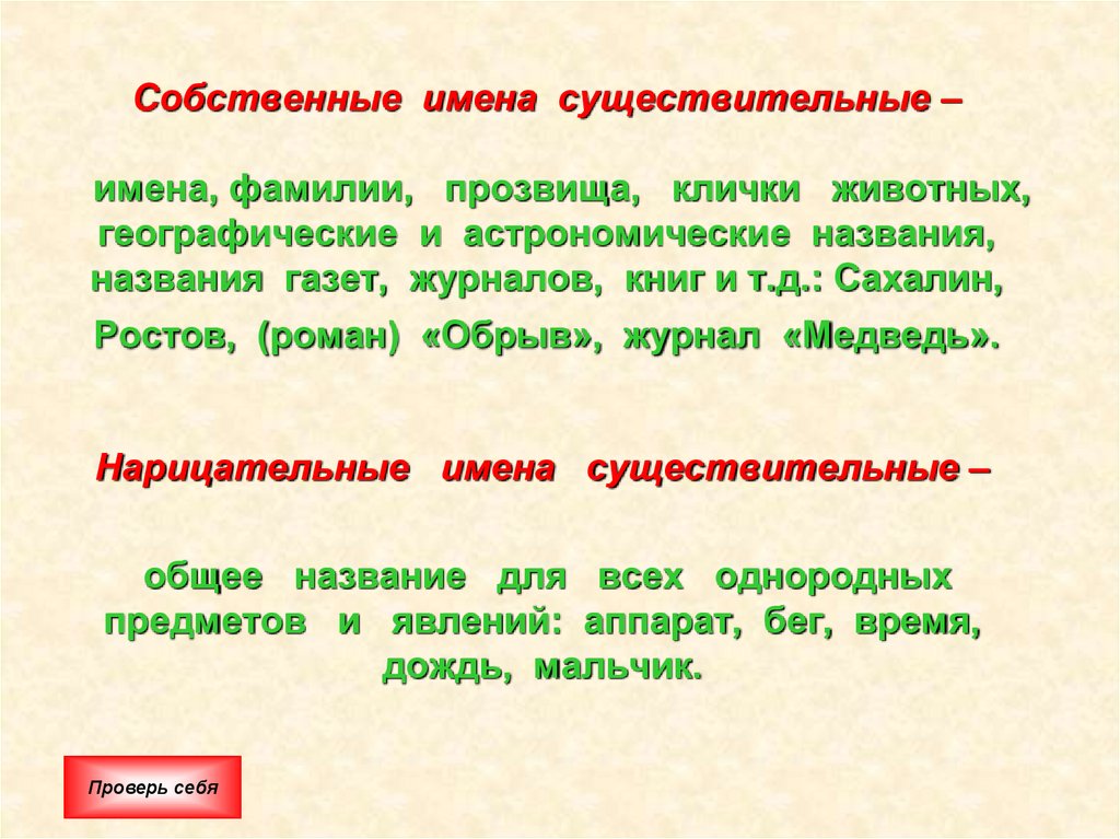 Собственные имена существительные – имена, фамилии, прозвища, клички животных, географические и астрономические названия,