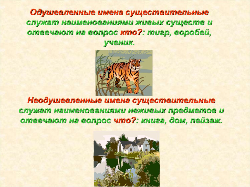 Одушевленные имена существительные служат наименованиями живых существ и отвечают на вопрос кто?: тигр, воробей, ученик.