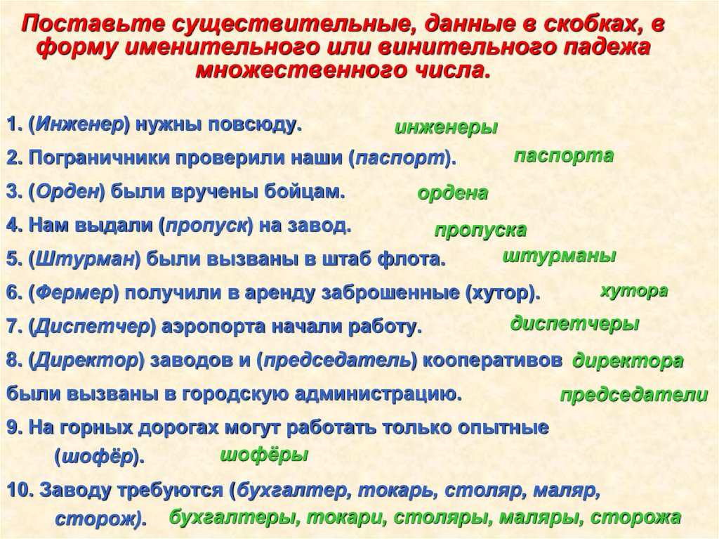 Поставьте существительные, данные в скобках, в форму именительного или винительного падежа множественного числа.