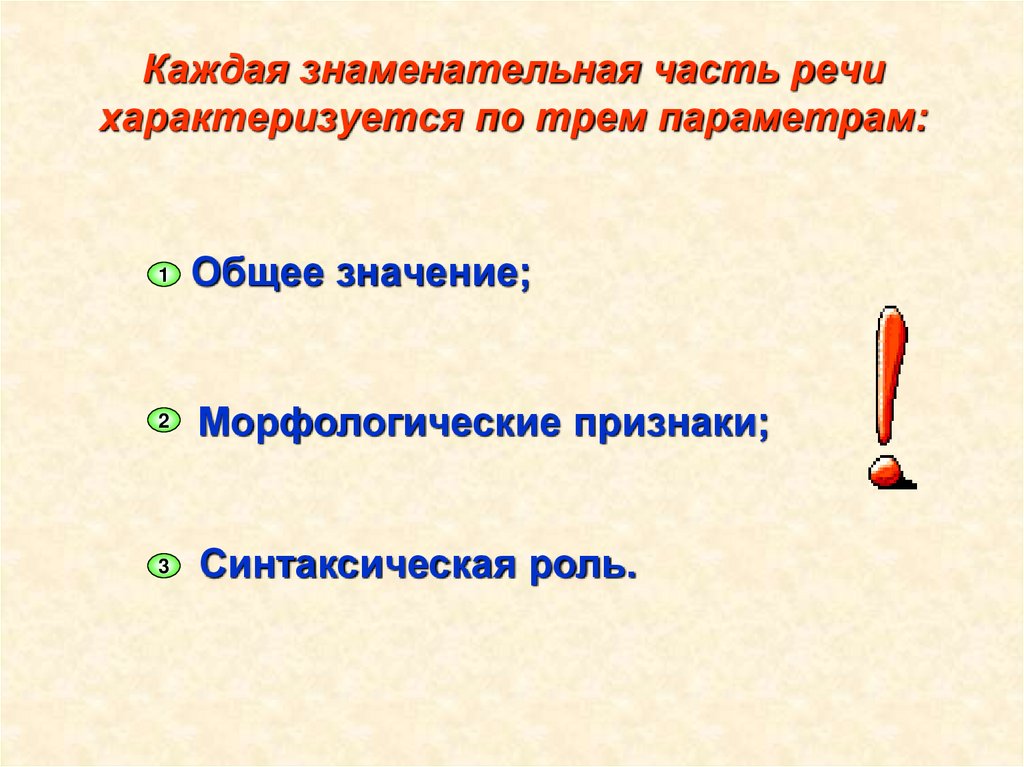 Каждая знаменательная часть речи характеризуется по трем параметрам: