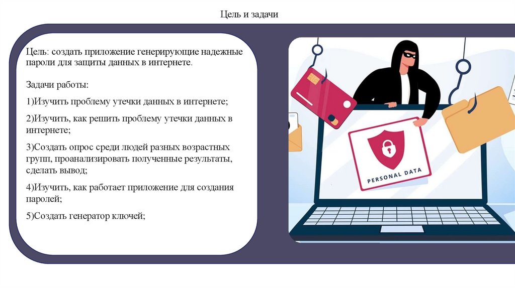 Цель: создать приложение генерирующие надежные пароли для защиты данных в интернете.