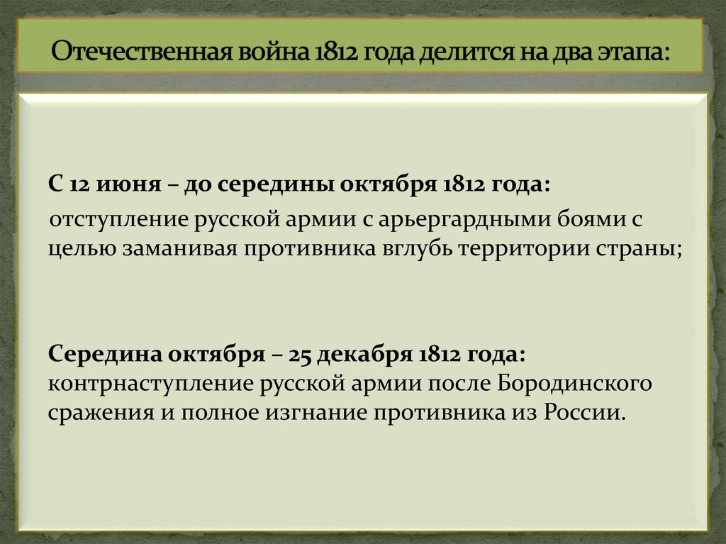 Отечественная война 1812 года делится на два этапа: