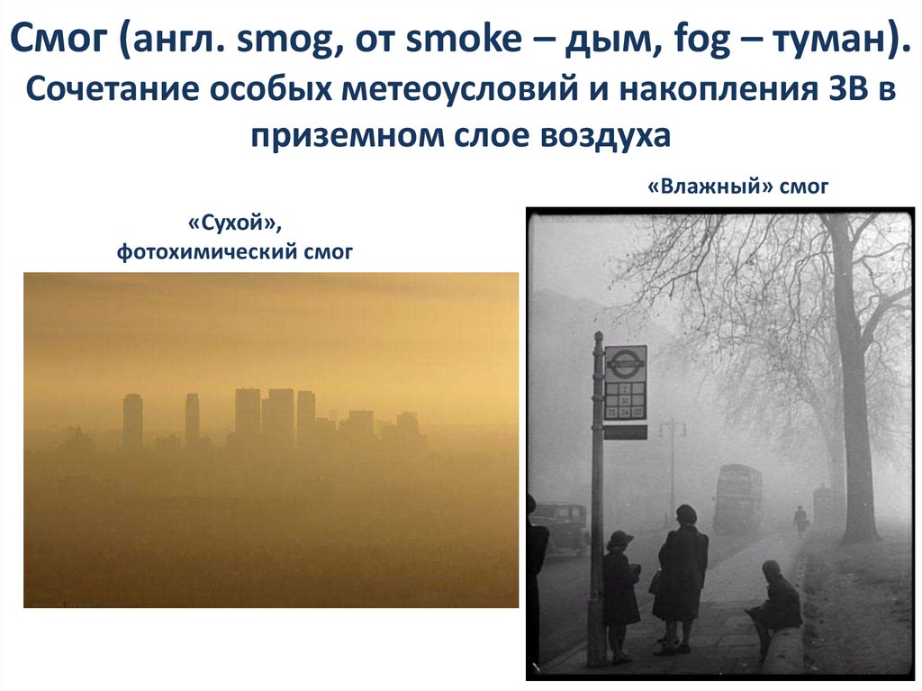 Смог (англ. smog, от smoke – дым, fog – туман). Сочетание особых метеоусловий и накопления ЗВ в приземном слое воздуха