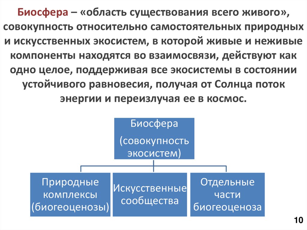 Биосфера – «область существования всего живого», совокупность относительно самостоятельных природных и искусственных экосистем,