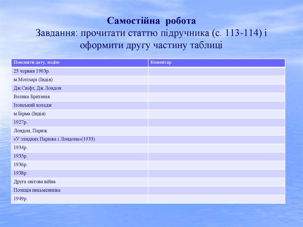 Самостійна робота Завдання: прочитати статтю підручника (с. 113-114) і оформити другу частину таблиці
