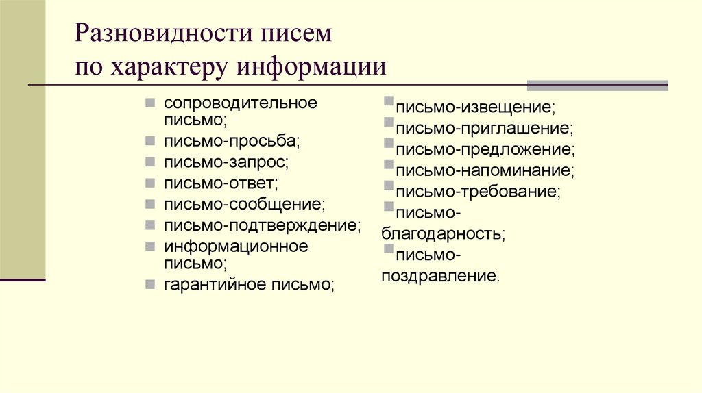 Разновидности писем по характеру информации
