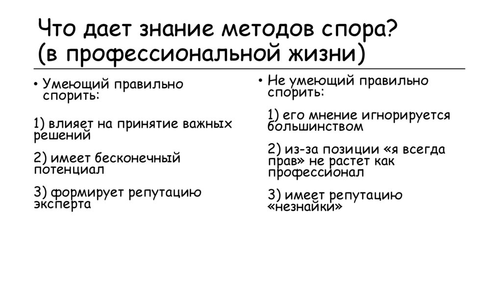 Что дает знание методов спора? (в профессиональной жизни)