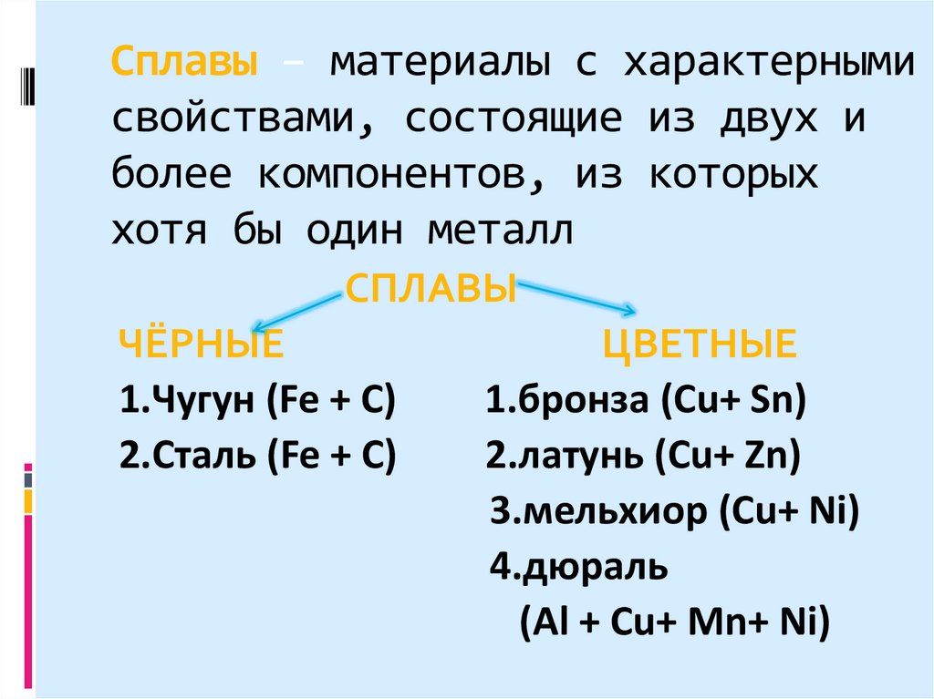 Сплавы – материалы с характерными свойствами, состоящие из двух и более компонентов, из которых хотя бы один металл