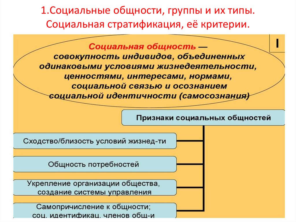 1.Социальные общности, группы и их типы. Социальная стратификация, её критерии.