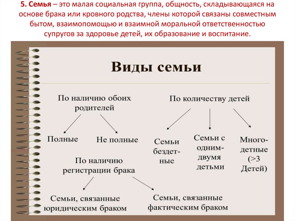 5. Семья – это малая социальная группа, общность, складывающаяся на основе брака или кровного родства, члены которой связаны