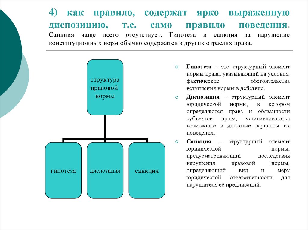 4) как правило, содержат ярко выраженную диспозицию, т.е. само правило поведения. Санкция чаще всего отсутствует. Гипотеза и