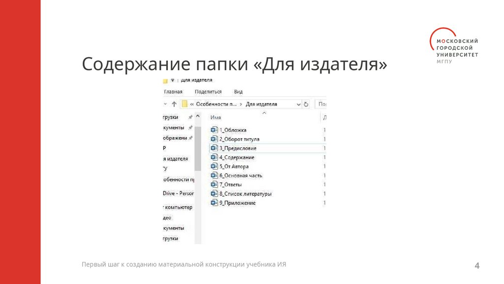 Содержание папки «Для издателя»
