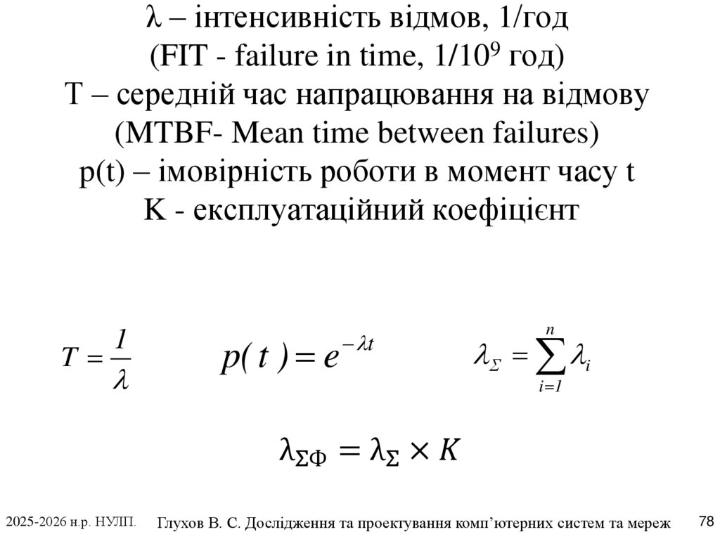 λ – інтенсивність відмов, 1/год (FIT - failure in time, 1/109 год) Т – середній час напрацювання на відмову (MTBF- Mean time