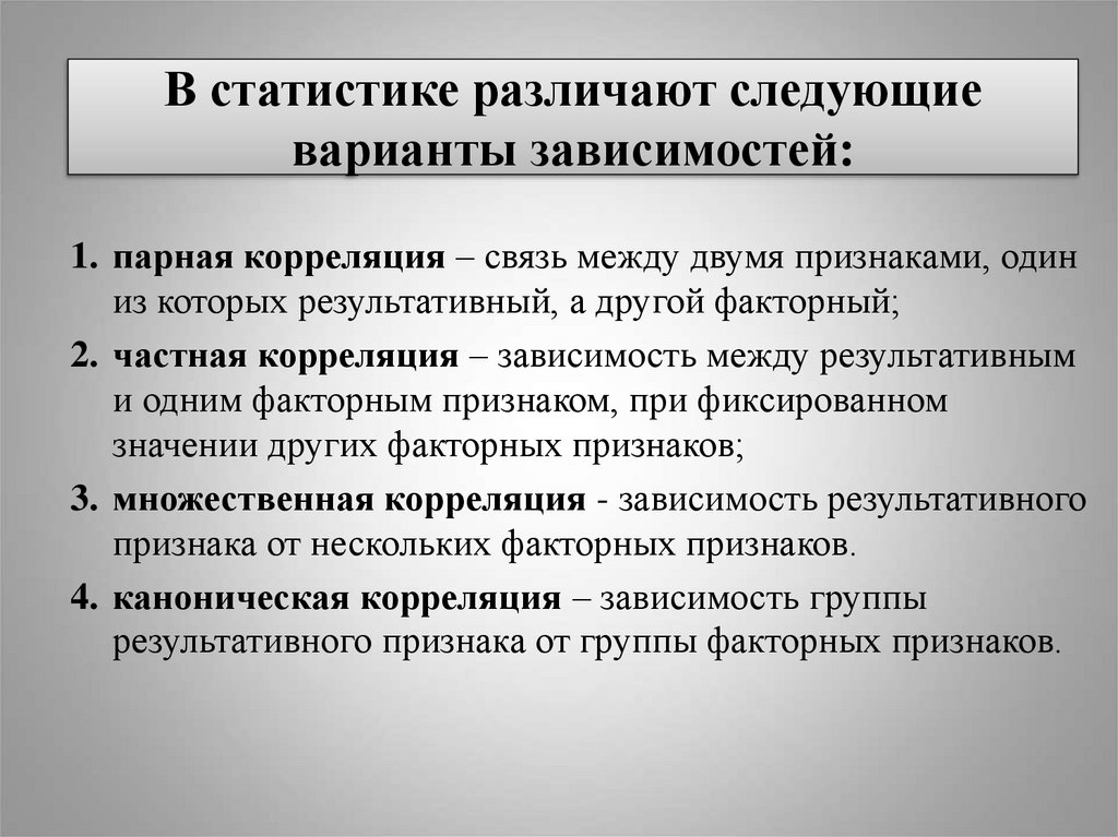 В статистике различают следующие варианты зависимостей: