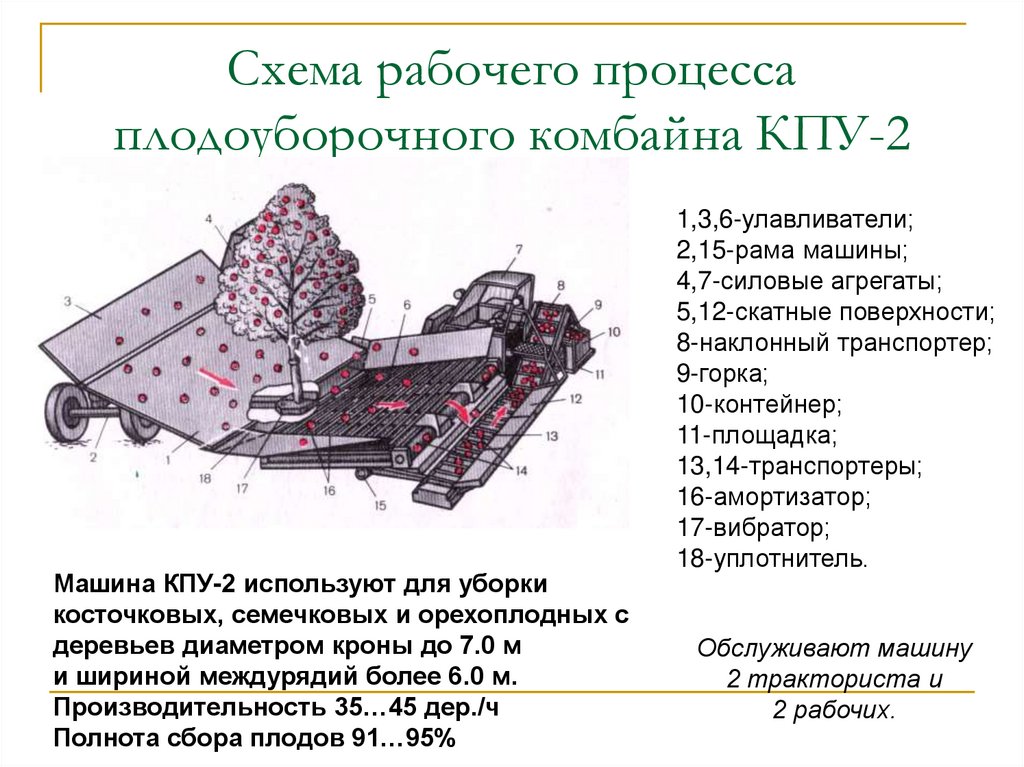 Схема рабочего процесса плодоуборочного комбайна КПУ-2