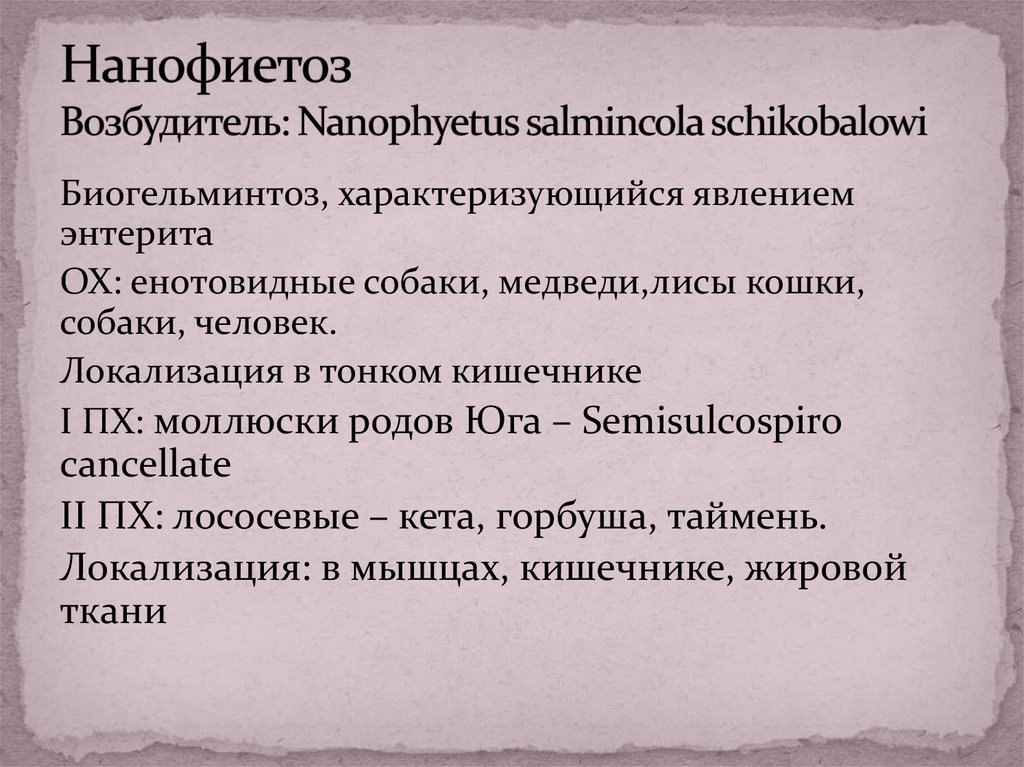 Нанофиетоз Возбудитель: Nanophyetus salmincola schikobalowi