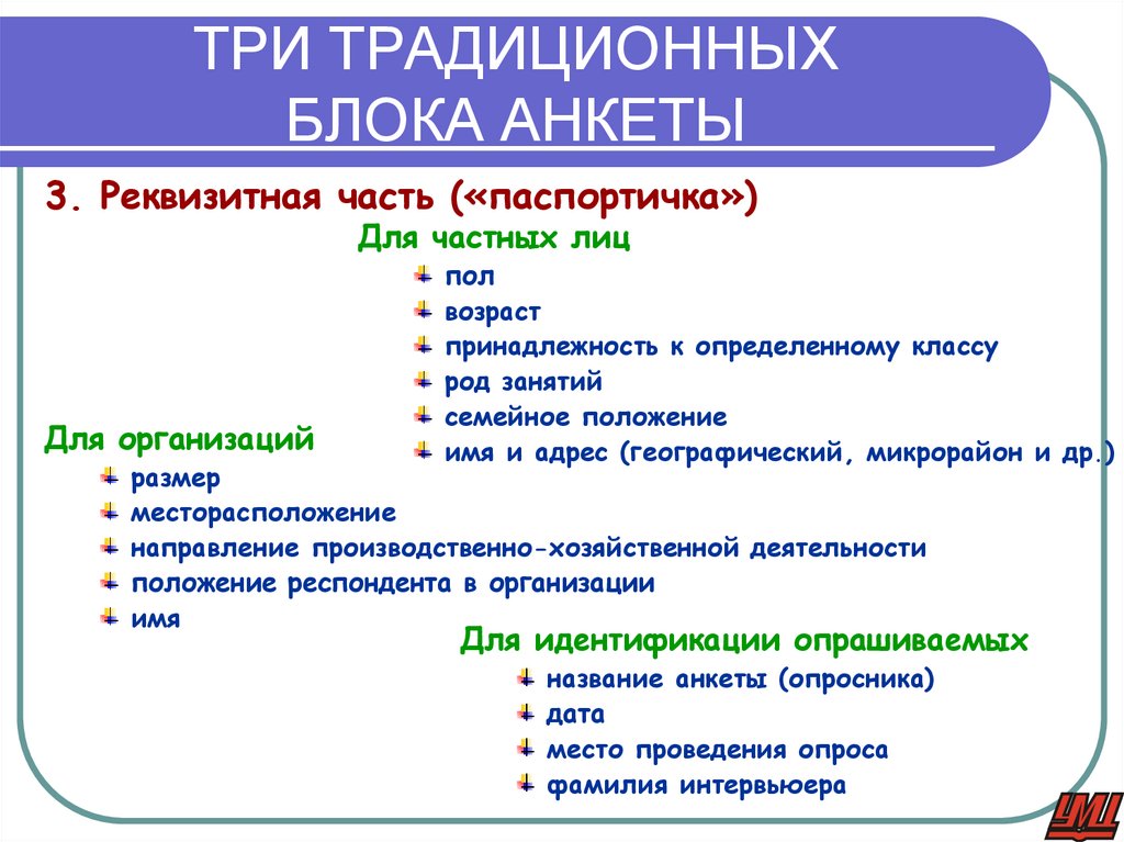 ТРИ ТРАДИЦИОННЫХ БЛОКА АНКЕТЫ