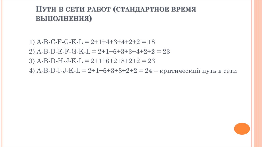 Пути в сети работ (стандартное время выполнения)