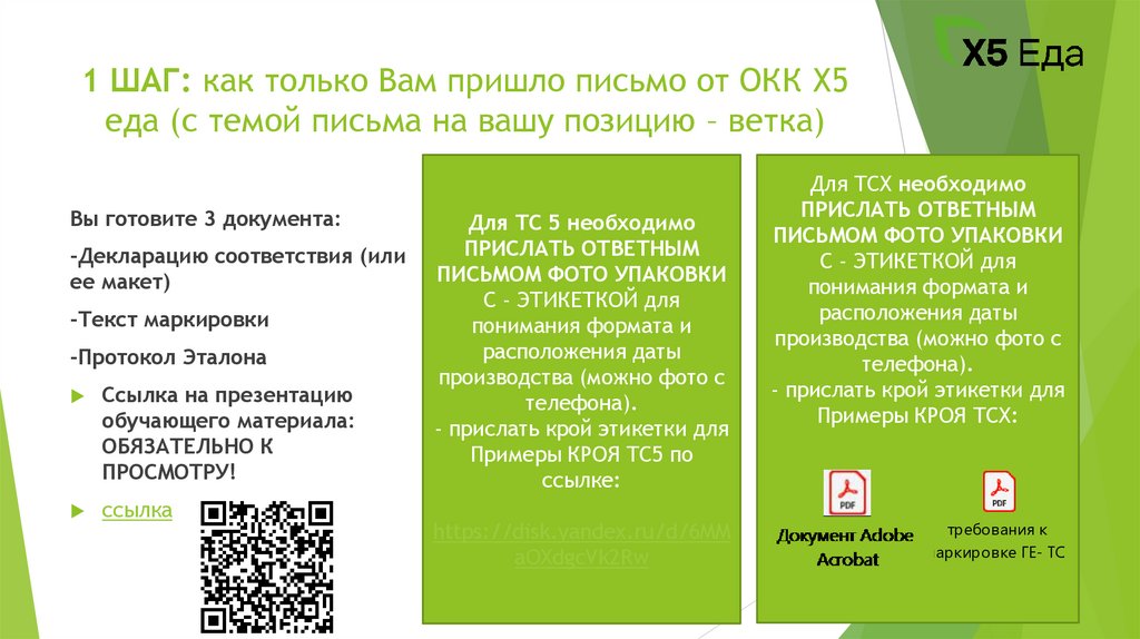 1 ШАГ: как только Вам пришло письмо от ОКК Х5 еда (с темой письма на вашу позицию – ветка)