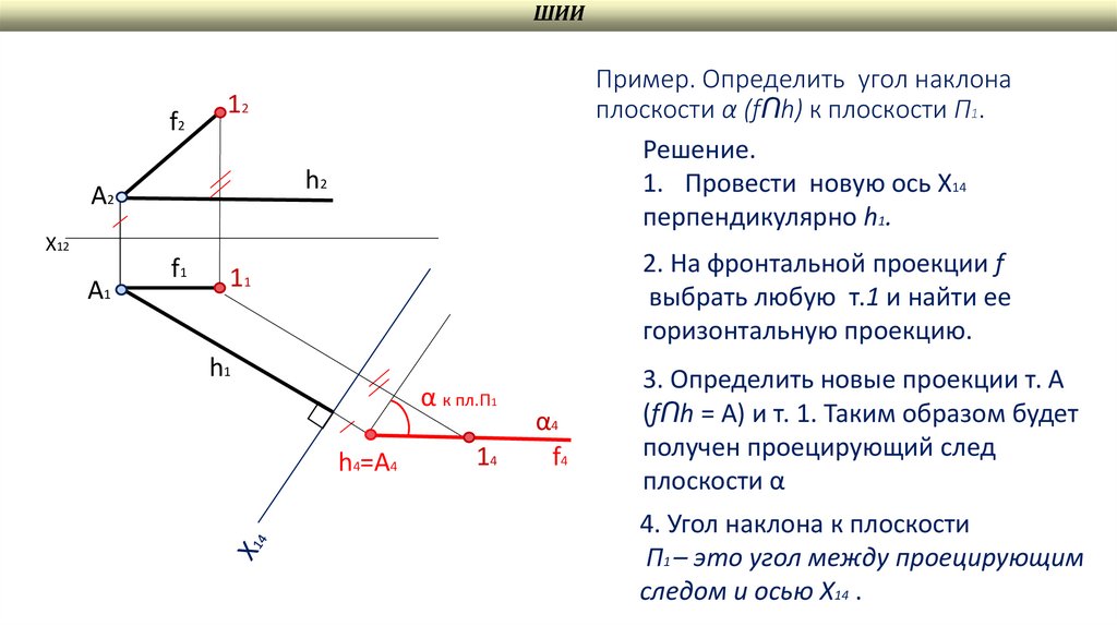Пример. Определить угол наклона плоскости α (fՈh) к плоскости П1.