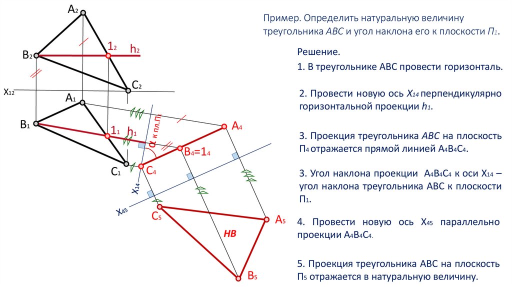 Пример. Определить натуральную величину треугольника АВС и угол наклона его к плоскости П1.