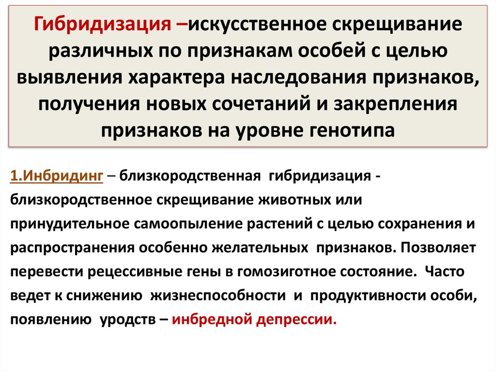 Гибридизация –искусственное скрещивание различных по признакам особей с целью выявления характера наследования признаков,