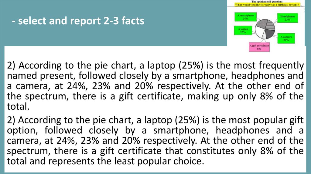 - select and report 2-3 facts