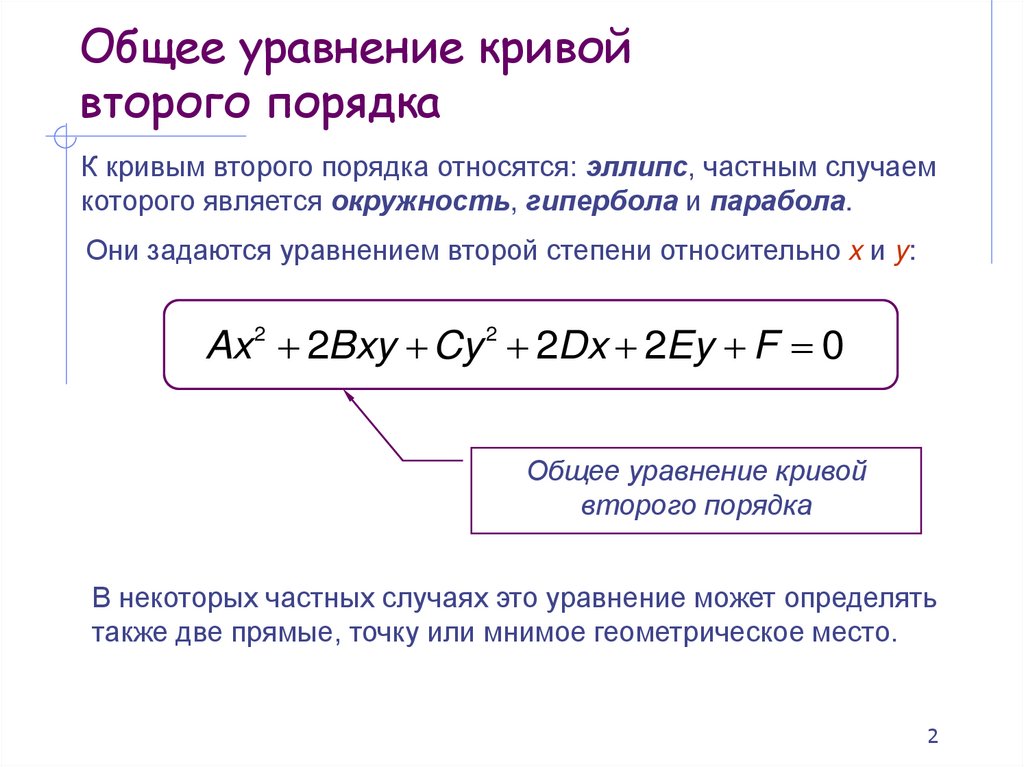Общее уравнение кривой второго порядка