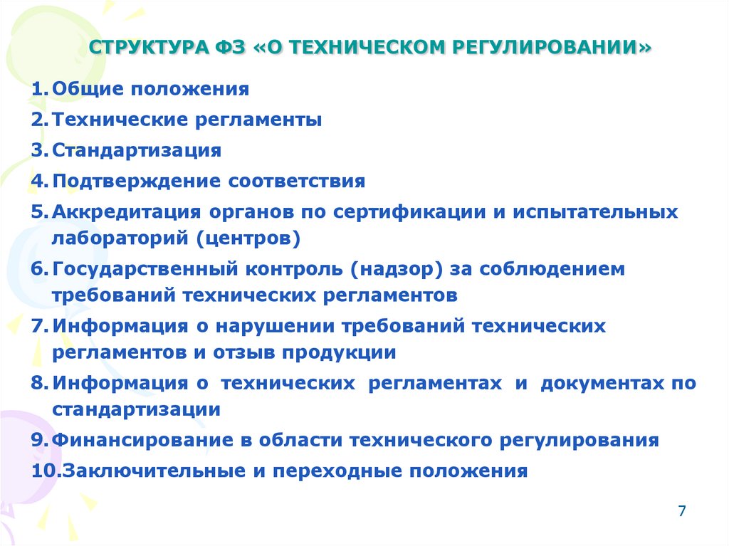 СТРУКТУРА ФЗ «О ТЕХНИЧЕСКОМ РЕГУЛИРОВАНИИ»