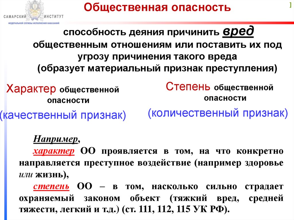 Общественная опасность способность деяния причинить вред общественным отношениям или поставить их под угрозу причинения такого