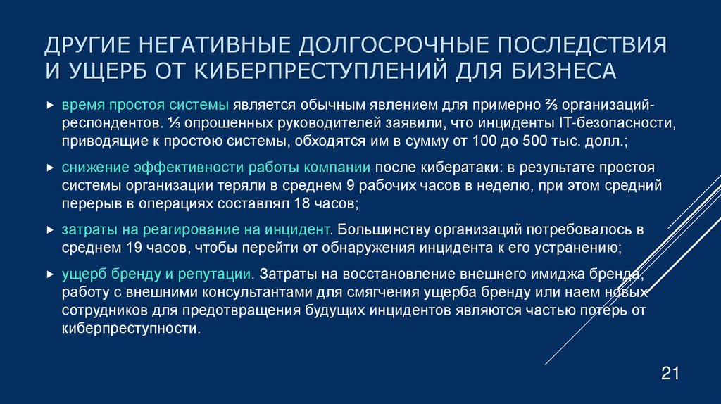 другие негативные долгосрочные последствия и ущерб от киберпреступлений для бизнеса